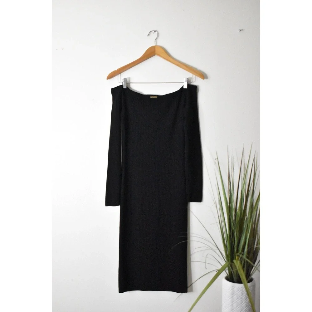 Michael Kors Sweater Dress Womens Large Black Modern Off-Shoulder Ribbed Knit